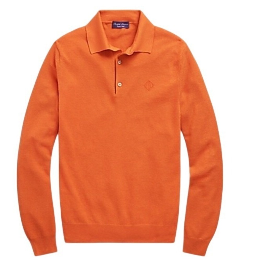 Ralph Lauren Purple Label Monogram Silk-Blend Polo Sweater Orange‎ Italy NWOT M